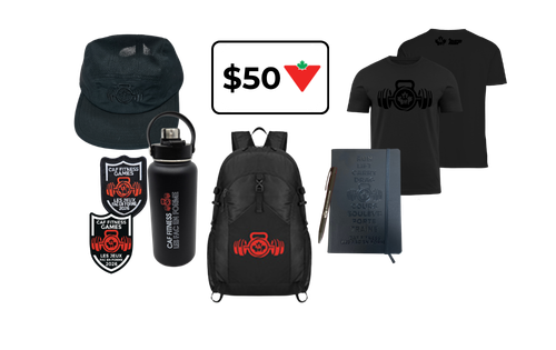 CAF Fitness grand prize bundle including a $50 Canadian Tire gift card, CAF Fitness backpack, t-shirt, water bottle, notebook, pen, sticker, and Velcro patch.