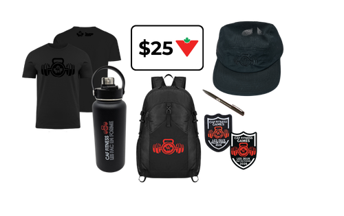 CAF Fitness secondary prize bundle including a $25 Canadian Tire gift card, CAF Fitness backpack, t-shirt, water bottle, pen, sticker and Velcro patch.