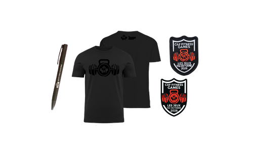 CAF Fitness tertiary prizes bundle including a CAF Fitness t-shirt, pen, sticker, and Velcro patch.