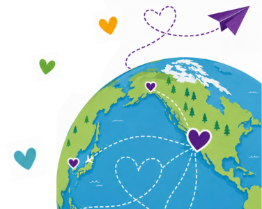Illustration of Earth with hearts and dotted lines symbolizing connection.