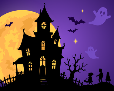 A haunted house with a large moon, bats and ghosts.