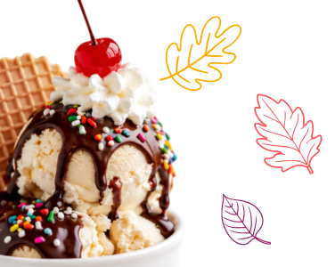 A bowl of ice cream with syrup and sprinkles. 