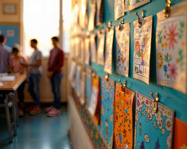 A wall displaying children's artwork with people in the background.