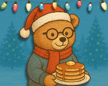Illustrated bear holding pancakes, wearing a Santa hat and scarf, with festive lights above.