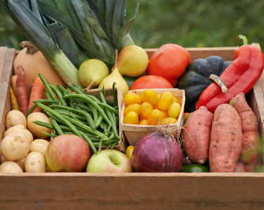 A wooden crate filled with assorted fresh vegetables and fruits.