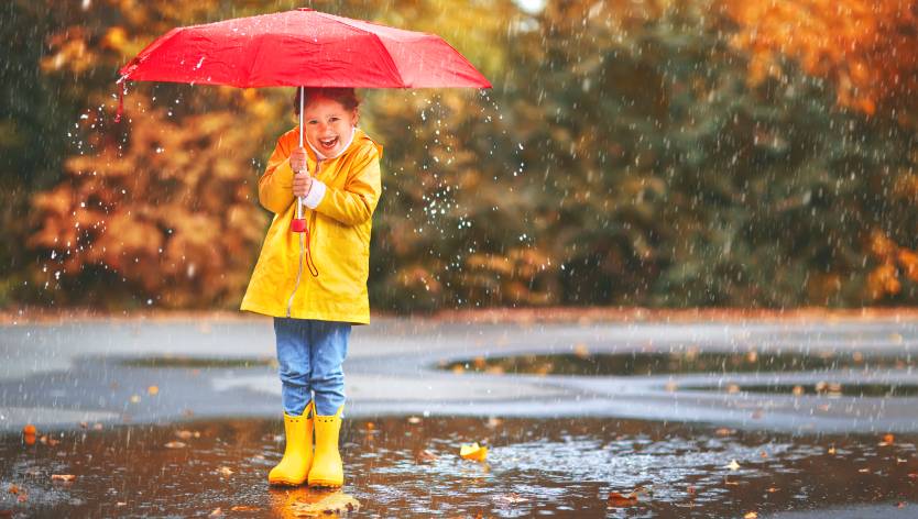 little girl standing in rain with umbrella