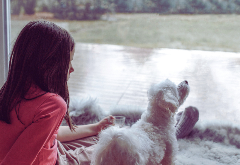 A small fluffy white dog sits beside a child’s feet in warm knitted socks, both resting on a soft woolen blanket while looking out through a large window on a rainy winter morning