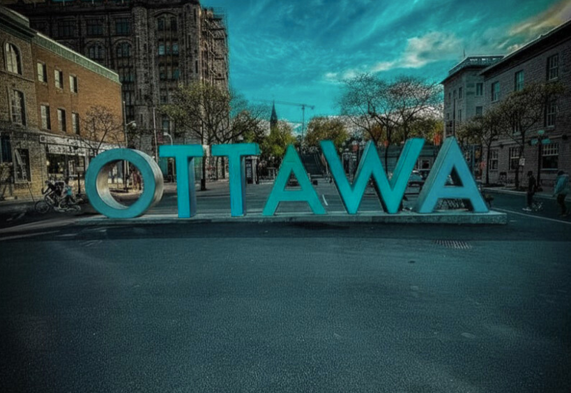 Ottawa sign in the evening lit up in teal