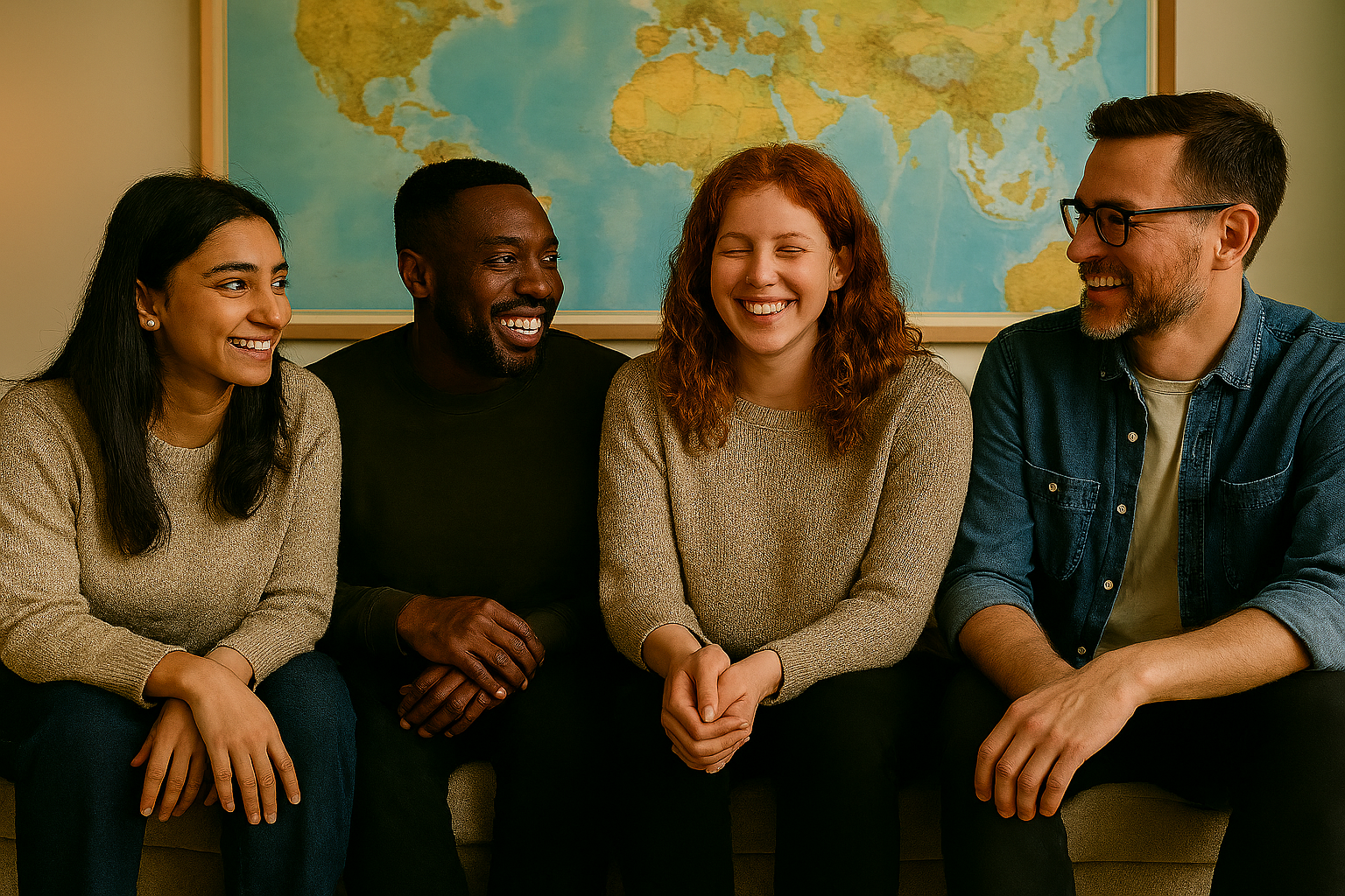 group of four people sitting smiling with a map in the background