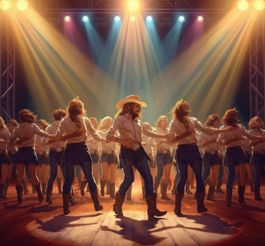 A group of people line dancing