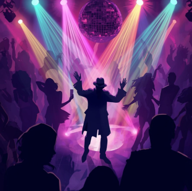 A mysterious man dancing at a colourful nightclub