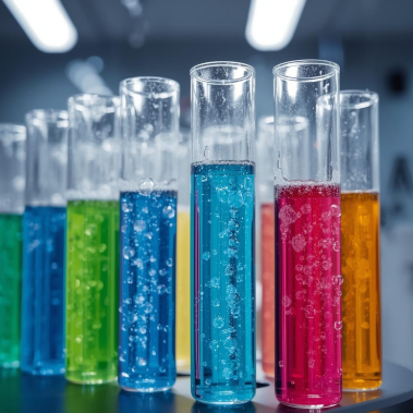 Several test tubes containing various coloured liquids