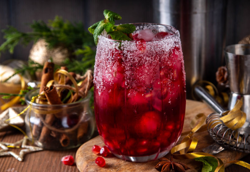 A festive red non-alcoholic cocktail.