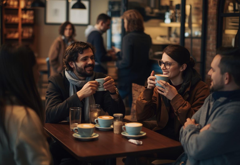 People enjoying coffee and socializing in a café