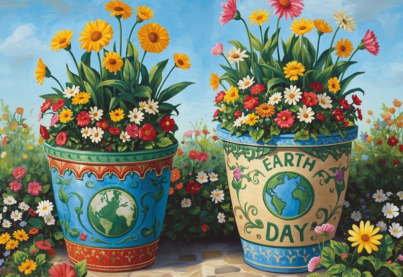 Flower pots painted in the Earth Day theme