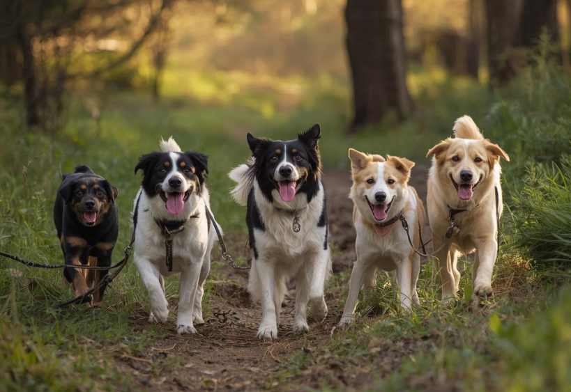 Five dogs are walking in the forest.