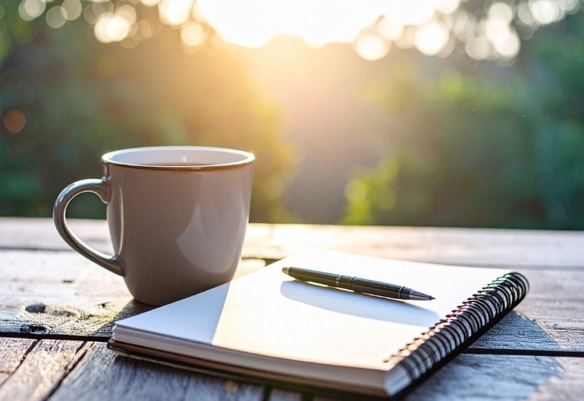 Coffee cup and journal on a table