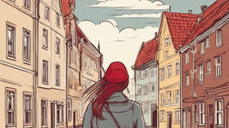 illustration of back of woman walking down a latvian street