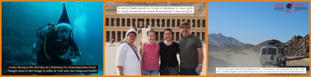 three images of Mackenzie scuba diving, outside a temple in Luxor with her family, and the back of a caravan in the desert
