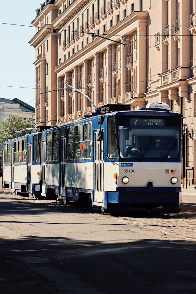Blue Tram in Old Town Riga, Latvia
