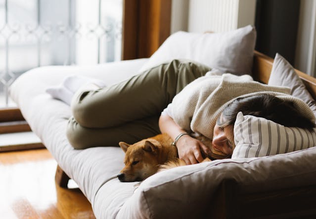 Woman in Knit Shirt Lying on Bed beside a Brown Dog