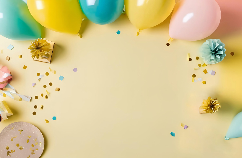 Pink, Blue and Yellow Balloons, Gold Confetti and Gifts on a Yellow Background