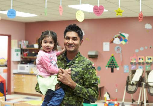 father in uniform and child