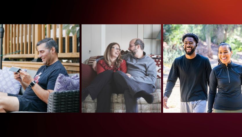 man on tablet, couple on couch, couple jogging