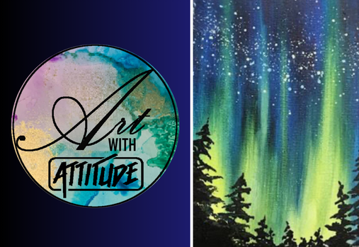 Art with Attitude logo and a painting of aurora lights
