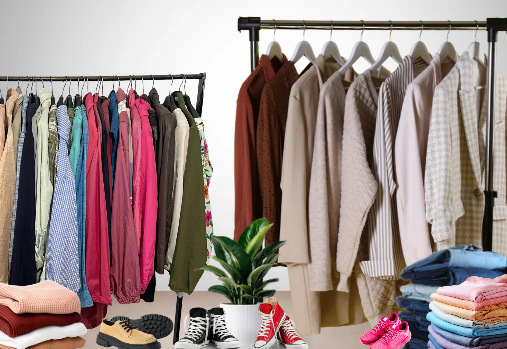 racks & piles of clothing and shoes