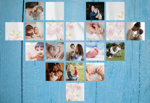 a collection of photos of mothers and children in the shape of a heart on blue background