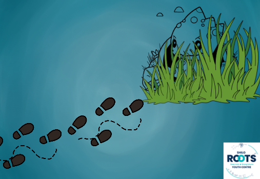 cartoon foot steps leading to a Pokémon hiding in grass