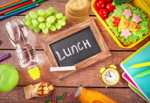 a black board with the word lunch on it surrounded by lunch items