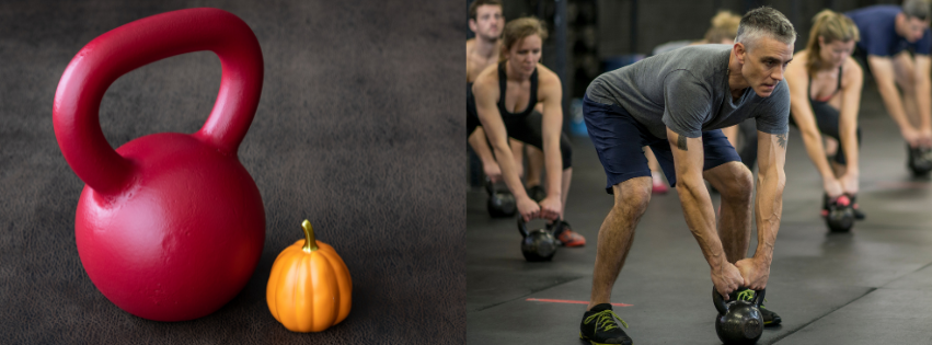 kettle bell & pumpkin and picture of people working out with kettle bells