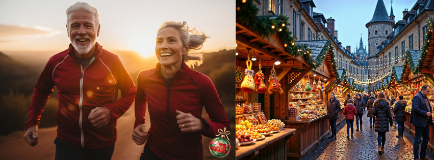 people running in the sunset & holiday market