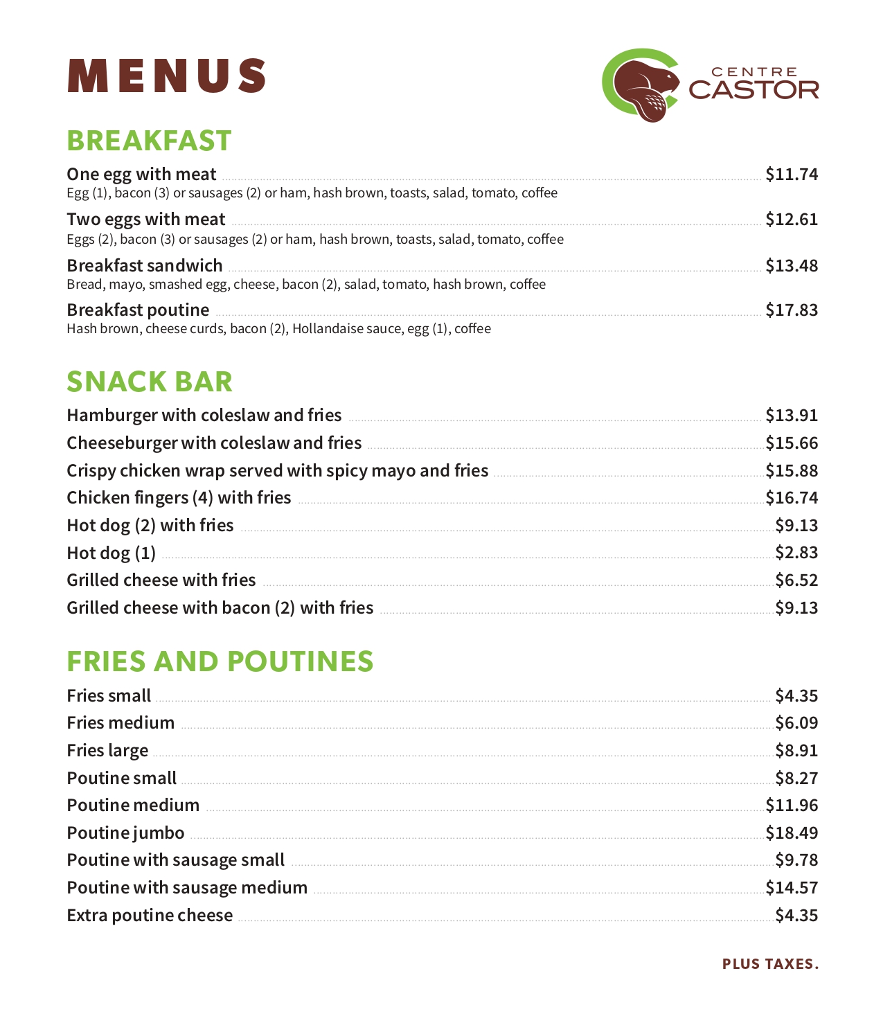 Centre Castor Restaurant menu