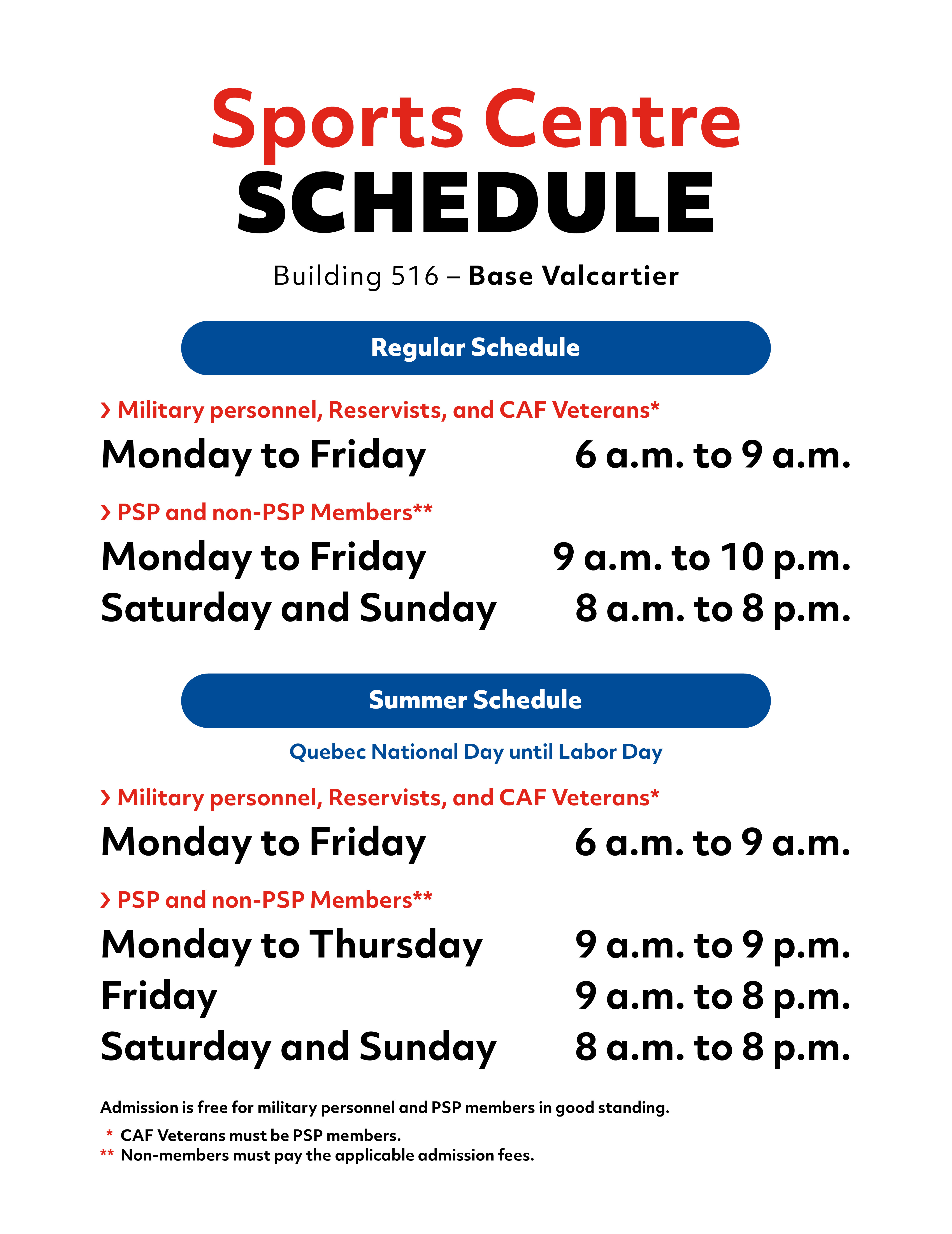 Valcartier Sport Centre Schedule