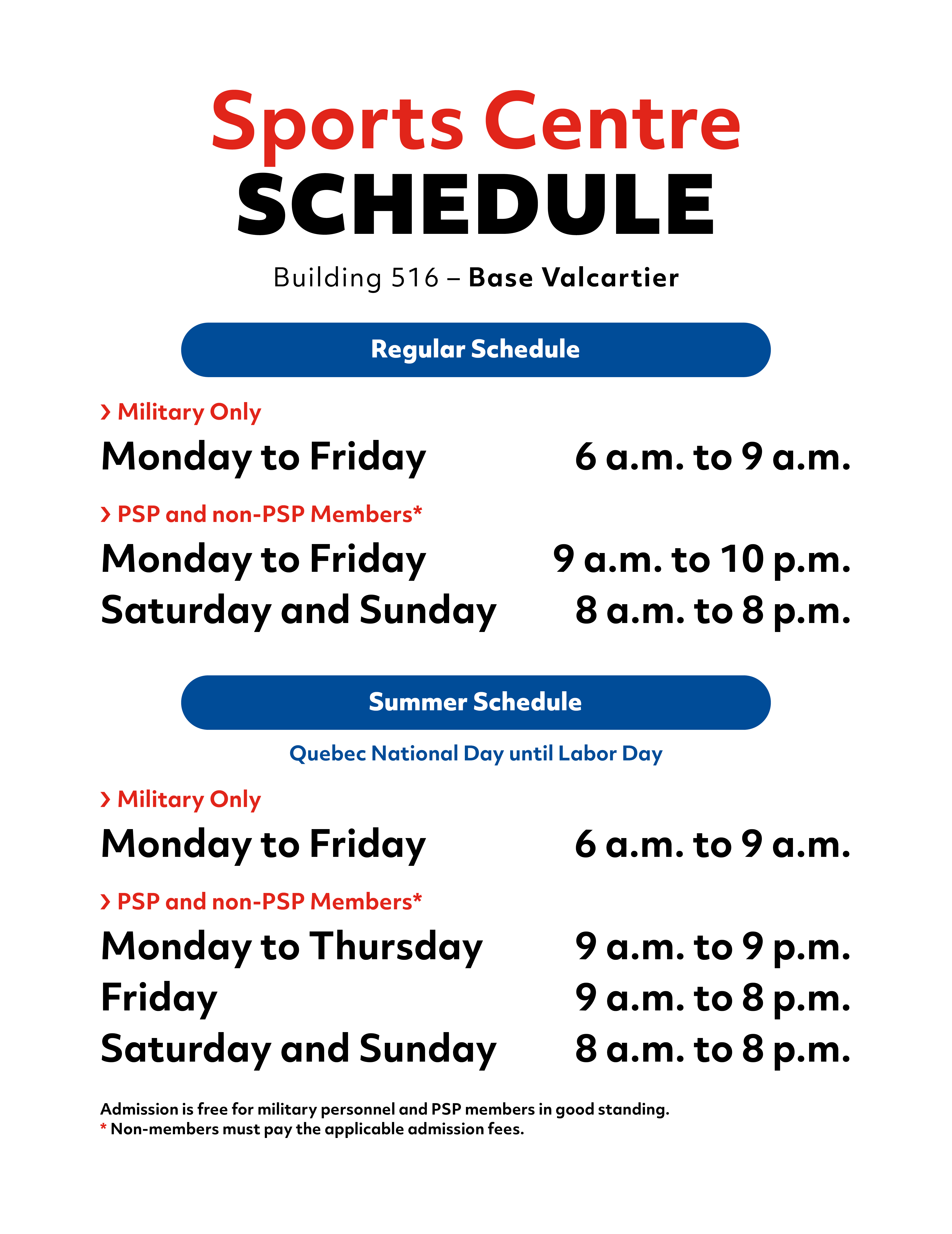 Valcartier Sport Centre Schedule