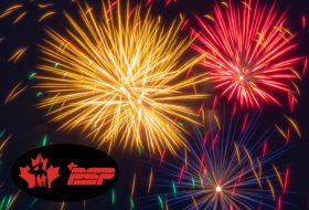 Fireworks in the sky with PSP logo.