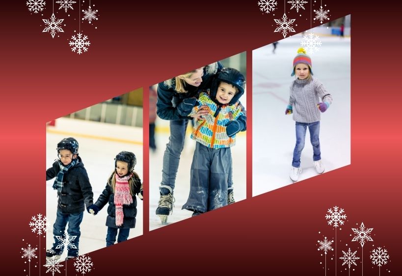 Images of kids skating on an indoor rink with snowflake graphic overlays