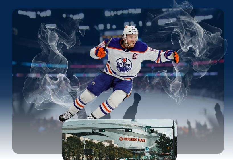 Oilers Captain skating with arena scene in background and Rogers Place in foreground