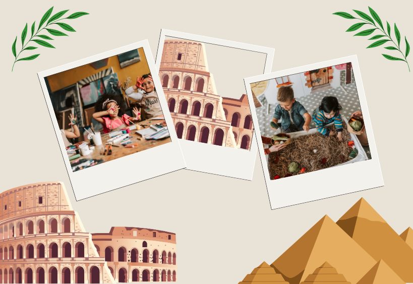 Kids doing activities and graphics of historical sites in Greece and Egypt