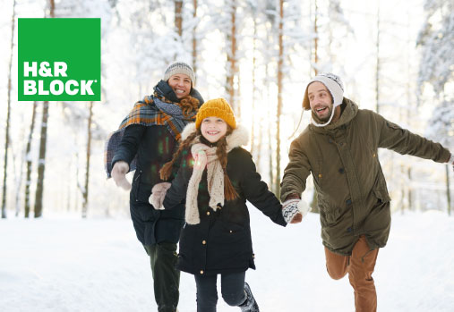 family playing in snow, H&R Block logo
