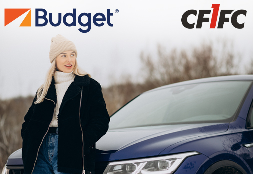 woman leaning against car, Budget logo