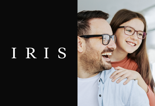 Parent and child wearing glasses, IRIS logo