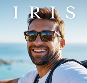 Man wearing sunglasses, IRIS logo