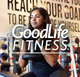 Woman lifting weights, GoodLife Fitness logo