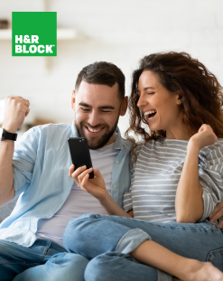 couple happily looking at phone, H&R Block logo