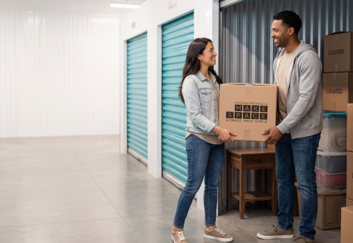 couple moving boxes into storage