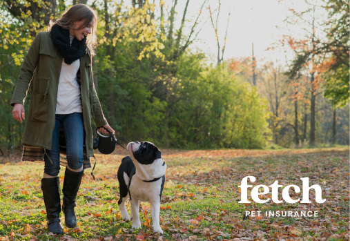 woman walking her dog, fetch logo